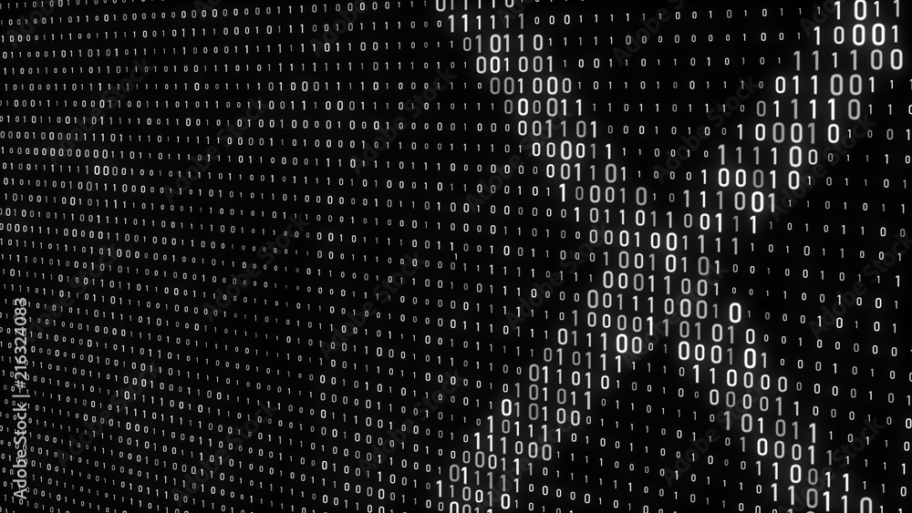 Poster Abstract digital background. Binary code. Abstract shapes. Green color. 3D rendering.