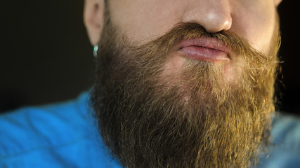 Attributes of the Appearance of a Hipster Male: Mustache and Beard Close Up. Portrait of Bearded Man who Play the Ape
