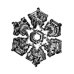 Snowflake on white background. This illustration based on macro photo of real snow crystal: large star plate with fine hexagonal symmetry, six short, broad arms and complex inner details.