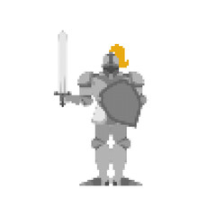 Knight pixel art. Metal armor warrior 8 bit. Digital Iron armor. Plate and sword. Vector illustration