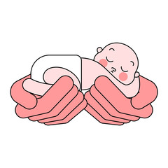Baby in Palm up. newborn lies on palms. child Vector illustration