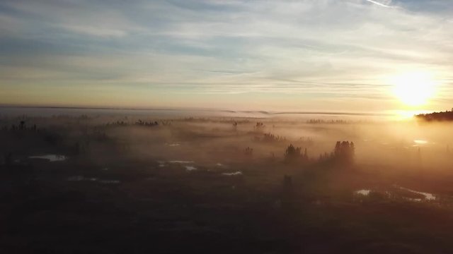 Beautiful foggy sunrise over the Kenai River flats at 5am in Alaska.
