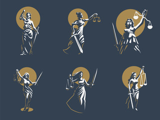 The goddess of justice Themis. Set. Vector. - obrazy, fototapety, plakaty