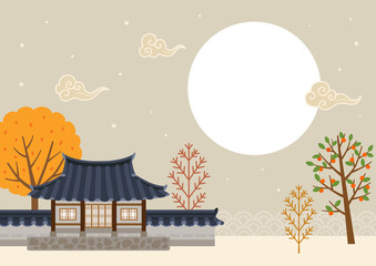 Full moon with Korean traditional house landscape.Mid autumn festival(Chuseok)background