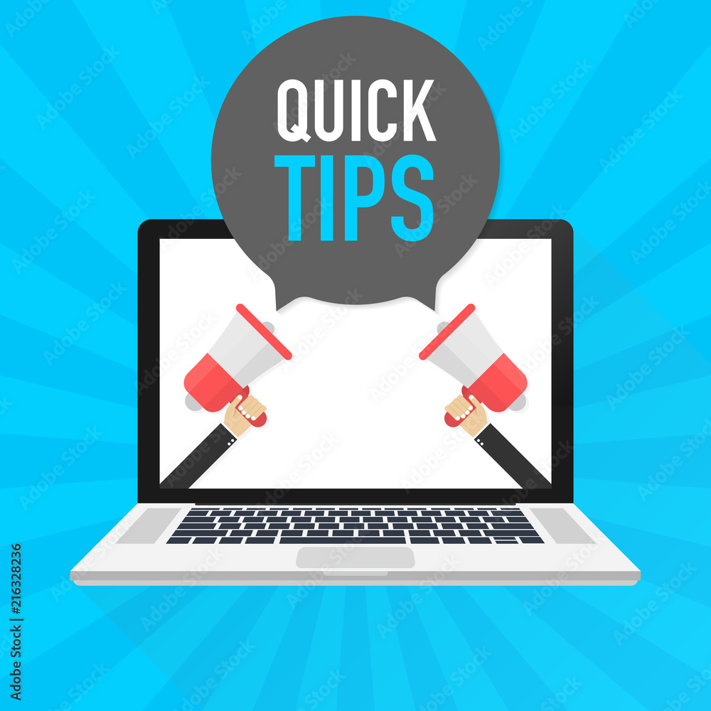 Poster laptop notebook computer screen. hand holding megaphone. quick tips text in speech bubble. vector il