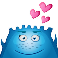 Love blue monster with heart on a black background. Friendly blue funny cute little smiling monster. Vector illustration. For web, card, stickers