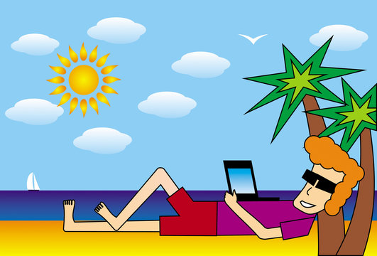 Cartoon man with laptop lies on the beach on the beach under the palm trees. Freelancer at work. Vector picture.