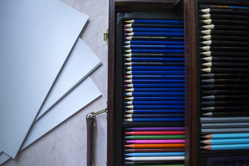 The set of colored pencils close up.