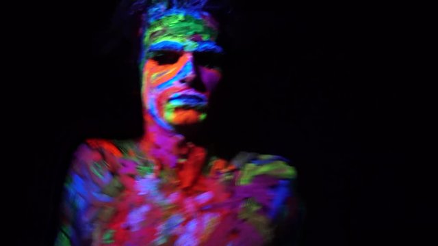 Night Club Painted Man Dancing in the dark, Body Art, Colors, a man in neon color
