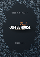 Coffee banner with the hand-draw doodle elements on the background. Coffee template for ads.