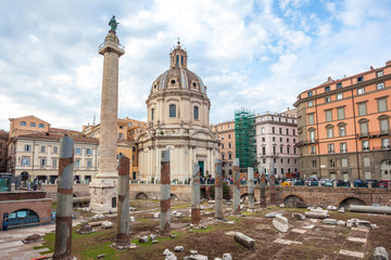 The Church of the Most Holy Name of Mary and the famous Trajan's Column, Rome, Italy