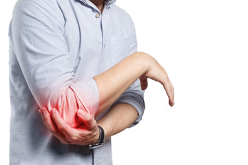 Man feeling a pain in his elbow, isolated on white background