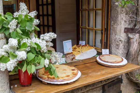 Galette Tarts For Sale in a Perouges bakery, France 