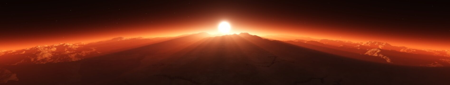 Panorama of Mars. Sunset on Mars. Martian surface.
3D rendering
