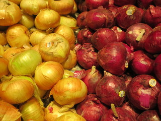 Red onions and gold onions for contrast and variation when cooking homemade meals in the kitchen