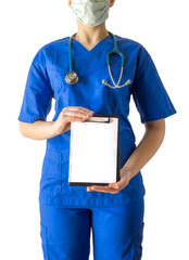 Young female doctor in blue medical uniform holding empty blank 