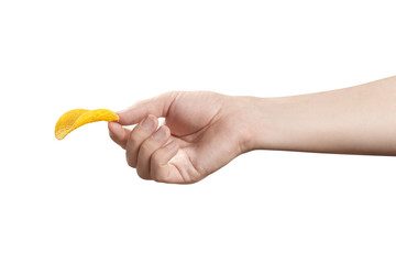 Male hand holding potato chips, isolated on white background