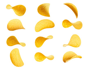 Collection of potato chips, isolated on white background