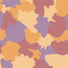 Camouflage abstract shapes seamless vector background. Orange, beige, purple, violet shapes layered. Doodle background. Graphic illustration for wrapping, web backgrounds, paper, fabric, packaging