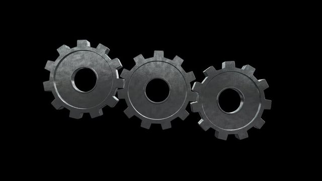 Gears spinning flies alone and become one silver gear. Black background. Alpha channel