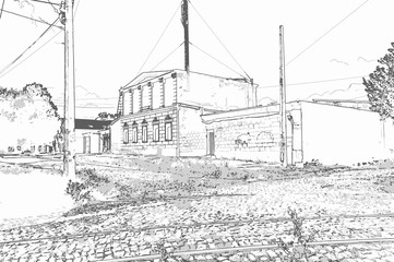 City landscape of small town with old houses, trees, sky, grass and tram rails in the style of a pencil drawing. Monochrome three-color vector in grayscale