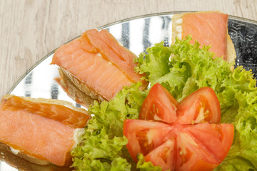 Dish of sandwiches with red fish tomato and greens.