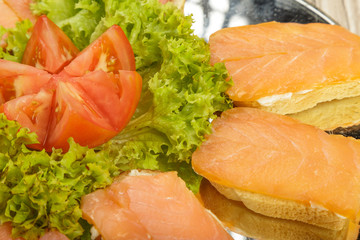 Dish of sandwiches with red fish tomato and greens.