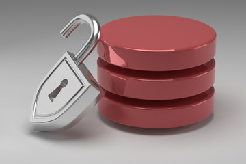 Three red disks in stack and unlocked steel padlock. Access granted to Data or Database. Concept of...