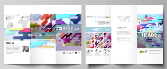 Tri-fold brochure business templates. Abstract vector design layout. Bright color lines and dots, colorful minimalist backdrop with geometric shapes forming beautiful minimalistic background.