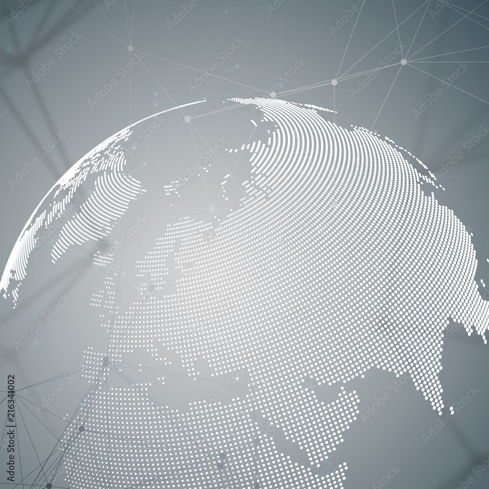 Poster abstract futuristic background with connecting lines and dots, polygonal linear texture. world globe