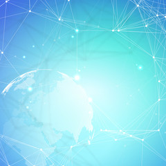 Abstract futuristic network shapes. High tech background, connecting lines and dots, polygonal linear texture. World map on blue. Global network connections, geometric design, dig data concept.