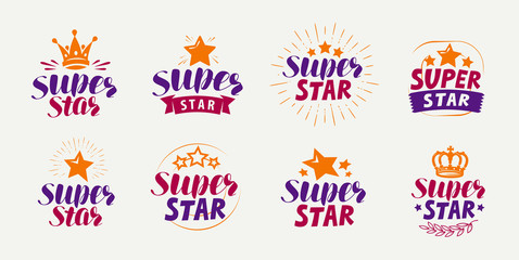 Super star, set of logos or labels. Popularity, fame symbol. Lettering vector - obrazy, fototapety, plakaty