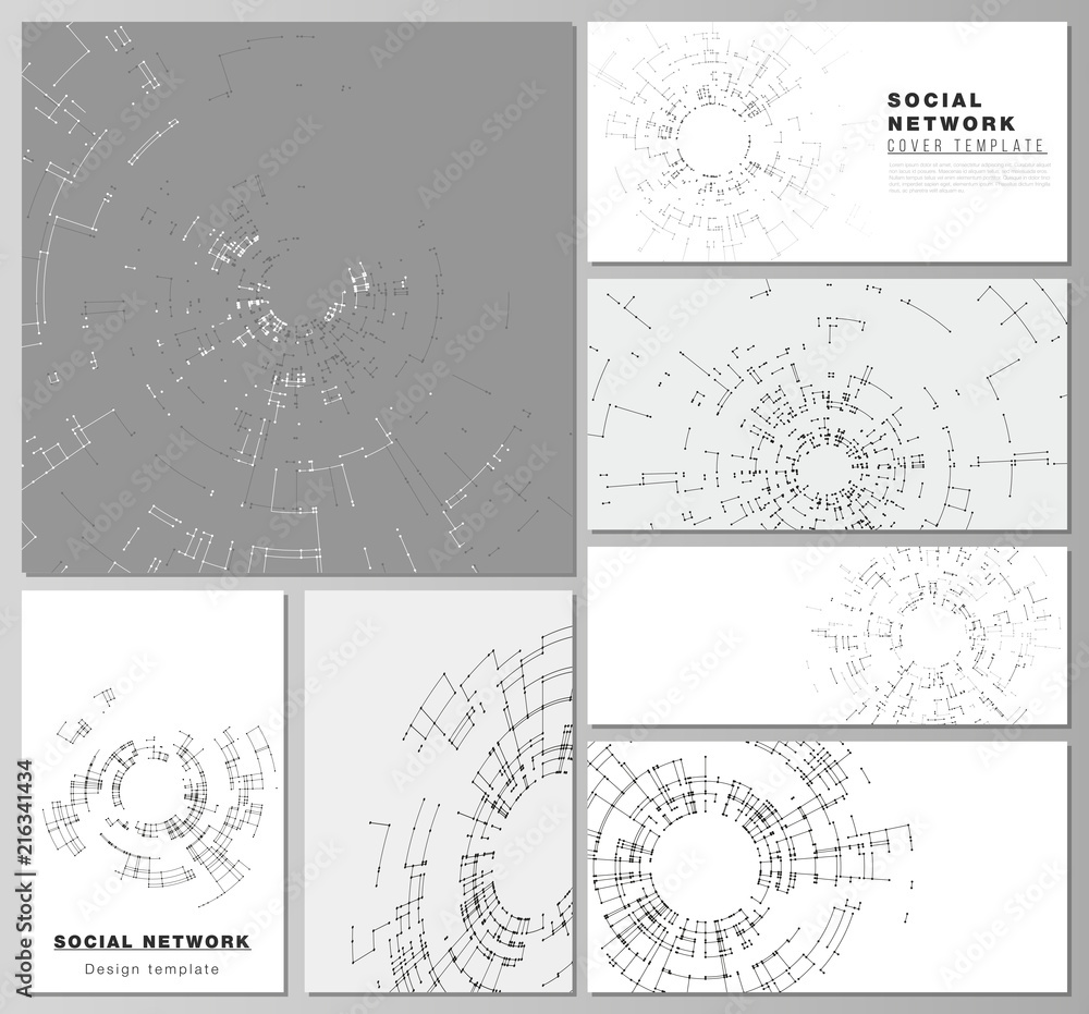 Poster The minimalistic abstract vector layouts of modern social network mockups in popular formats. Network connection concept with connecting lines and dots. Technology design, digital geometric background
