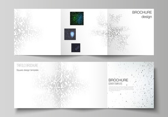 The minimal vector layout of two square format covers design templates for trifold square brochure, flyer. Binary code background. AI, big data, coding or hacker concept, digital technology background
