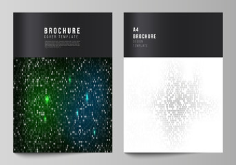 Vector layout of A4 format cover mockups design templates for brochure, magazine, flyer, booklet, report. Binary code background. AI, big data, coding or hacker concept, digital technology background