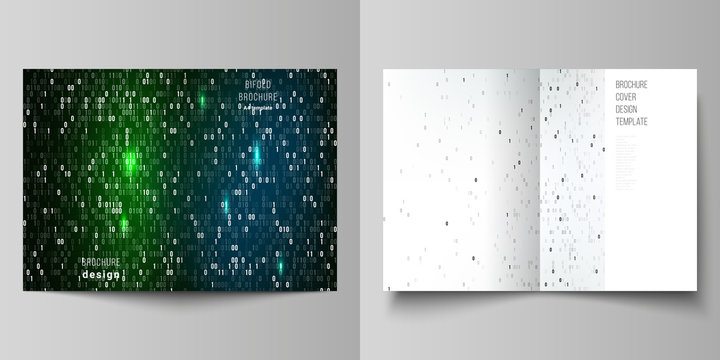 Vector layout of two A4 format modern cover mockups design templates for bifold brochure, flyer, booklet. Binary code background. AI, big data, coding or hacker concept, digital technology background.