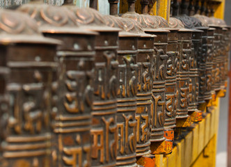 Tibetan drums with prayers. concept of tourism and religion. Nepal Himalayas