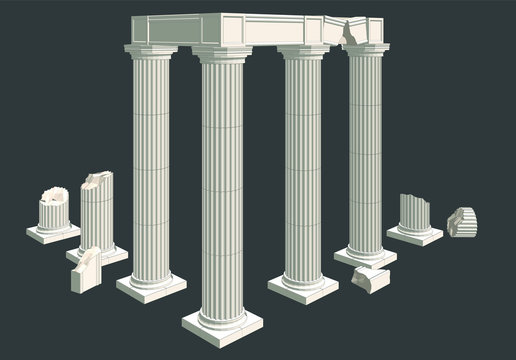 realistic illustration of the isolated classical columns of a Greek temple in ruins