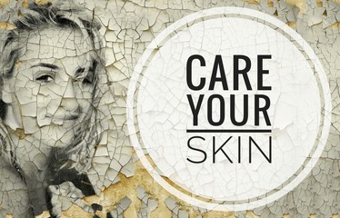 Pretty young girl on a cracked background with message pertaining to skin care