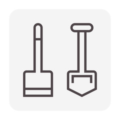 Hoe or spade and shovel vector icon. Hand tool for agriculture at garden, farm, yard, backyard. Include handle, steel for dig, scoop of soil, snow, ground, earth, plant and weeding. Editable stroke.