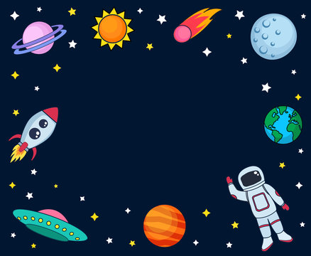 Cute colorful background template with space astronaut mars stars planets ufo rocket spaceship earth sun and comet on dark background. Vector illustration, frame for kids