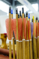 arrows with plumage in an archery stand