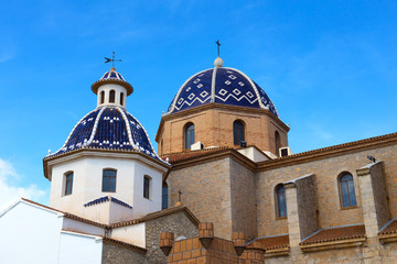 Fototapeta na wymiar Catholic Church of The Virgin of Consol in Altea, Spain. Blue and white domes with Moorish motives of the old Spanish cathedral.