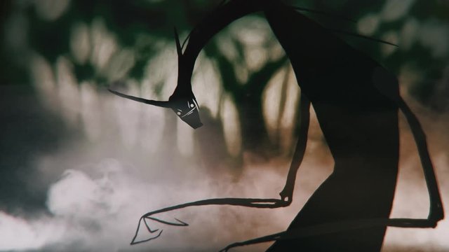 Close Up shot Scary, spooky monster staring and standing in the Dark woods misty forest with smokes Halloween, Horror, Thriller, Character Design Concepts 4K video