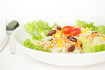 green salad plate fresh vegetable border on white background