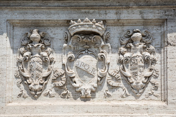 Sculpture in Rome featuring SPQR, which is an initialism of the phrase in Latin Senātus Populusque Rōmānus, meaning The Roman Senate and People