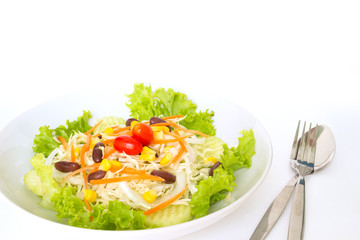 green salad plate fresh vegetable border on white background