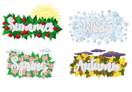 Four seasons word cards, vector illustration
