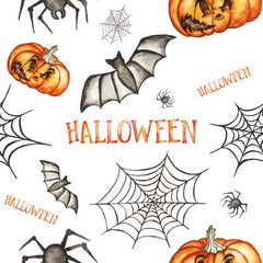 Seamless pattern. Halloween hand drawn watercolor illustration isolated on white background. Pumpkin, spider, bat, spider's web