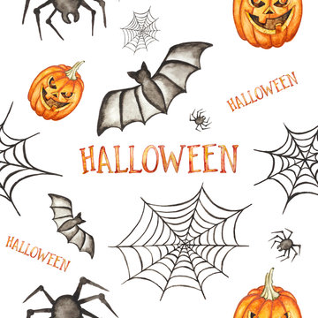 Seamless pattern. Halloween hand drawn watercolor illustration isolated on white background. Pumpkin, spider, bat, spider's web